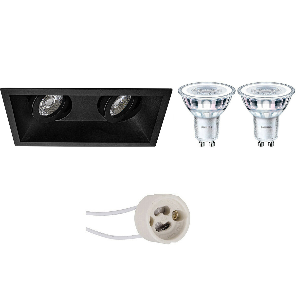 LED Spot Set - Pragmi Zano Pro - GU10 Fassung - Einbau Rechteck Doppelt - Matt Schwarz - Schwenkbar - 185x93mm - Philips - CorePro 827 36D - 3.5W - Warmweiß 2700K