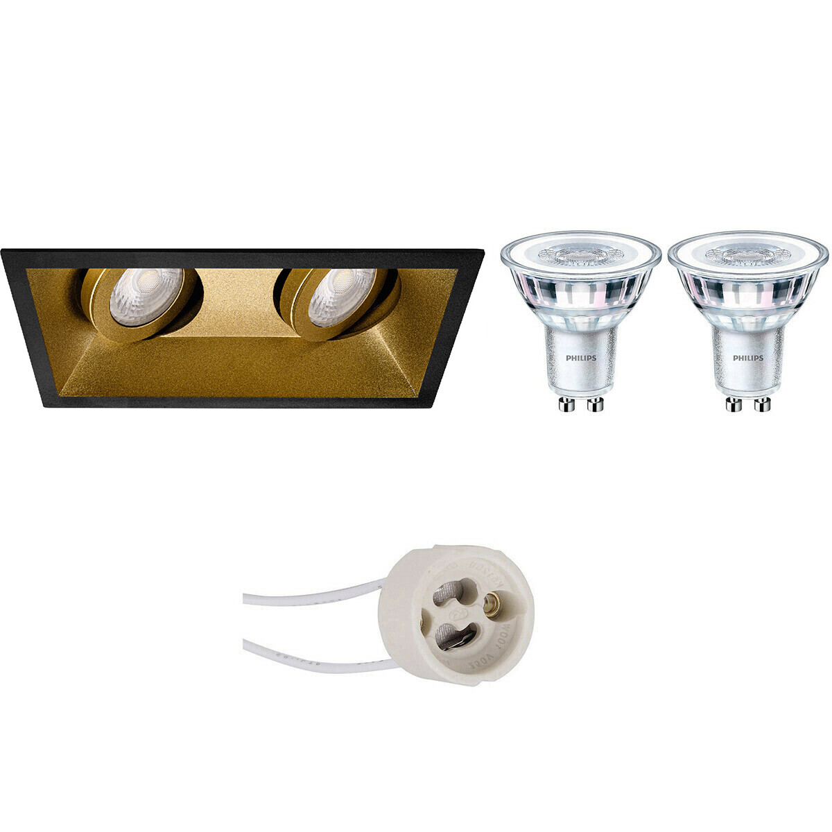 LED Spot Set - Pragmi Zano Pro - GU10 Fassung - Einbau Doppelrechteck - Matt Schwarz/Gold - Schwenkbar - 185x93mm - Philips - CorePro 827 36D - 3.5W - Warmweiß 2700K