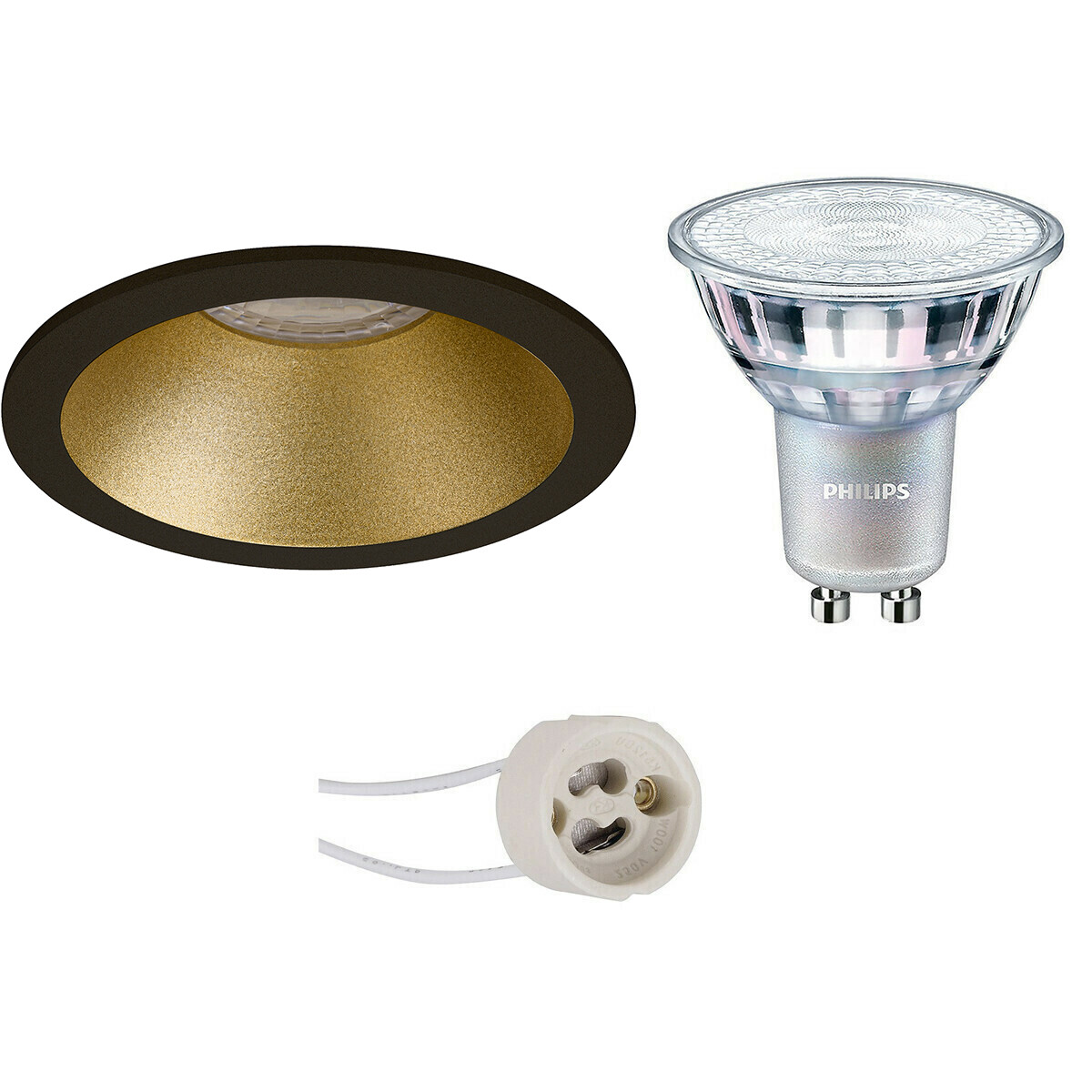 LED Spot Set - Pragmi Pollon Pro - GU10 Fassung - Runde Einbaustrahler - Mattschwarz/Gold - Vertieft - Ø82mm - Philips - MASTER 927 36D VLE - 3.7W - Warmweiß 2200K-2700K - DimTone Dimmbar