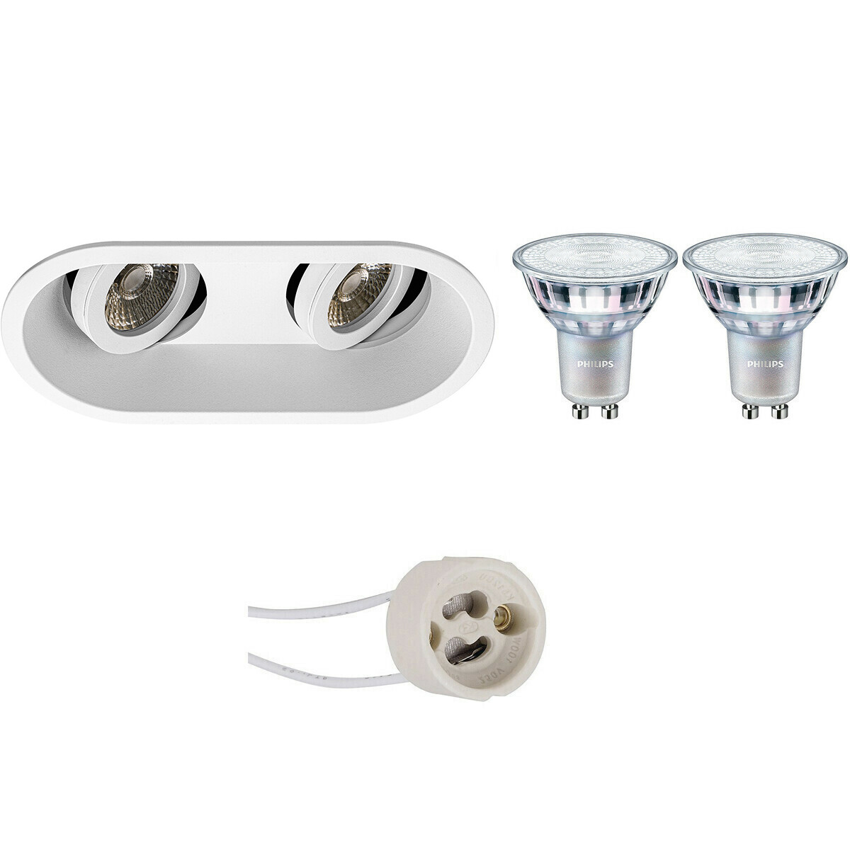 LED Spot Set - Pragmi Zano Pro - GU10 Fassung - Einbau Oval Doppelt - Mattweiß - Schwenkbar - 185x93mm - Philips - MASTER 927 36D VLE - 4.9W - Warmweiß 2200K-2700K - DimTone Dimmbar