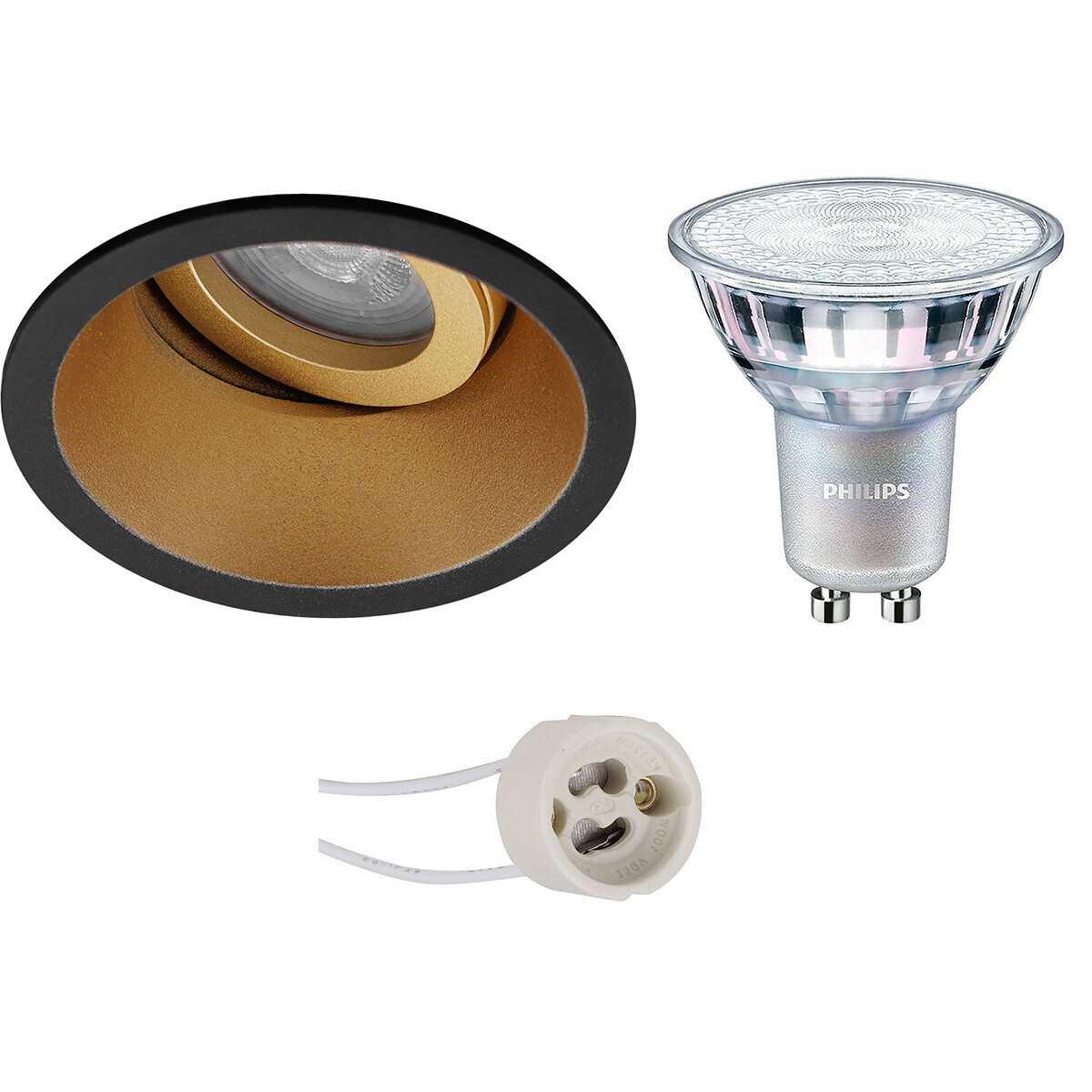 PHILIPS - LED Spot Set - MASTER 927 36D VLE - Pragmi Zano Pro - GU10 Sockel - DimTone Dimmbar - Einbau Rund - Mattschwarz/Gold - 3.7W - Warmweiß 2200K-2700K - Kippbar - Ø93mm