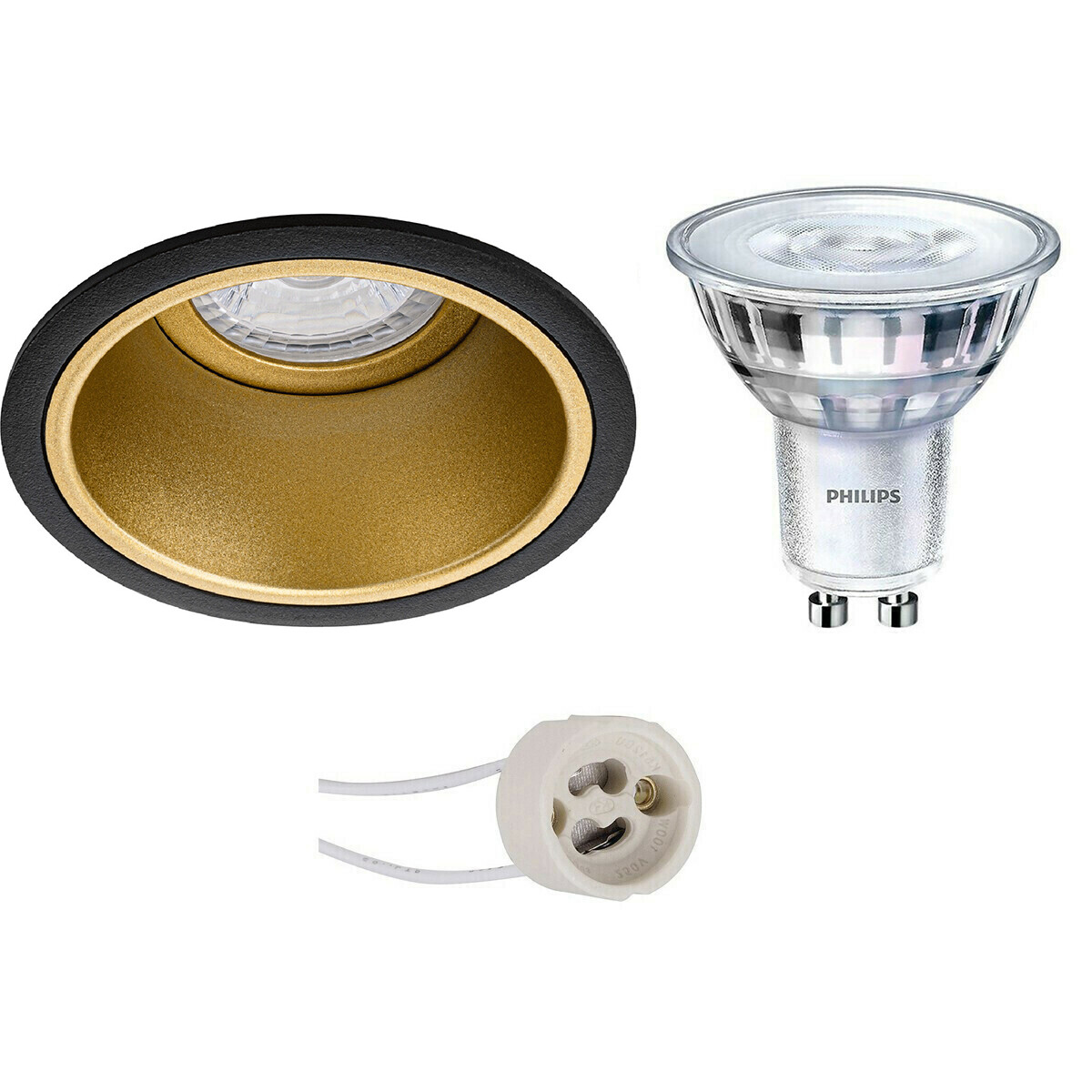 LED Spot Set - Pragmi Minko Pro - GU10 Fassung - Einbau Rund - Matt Schwarz/Gold - Vertieft - Ø90mm - Philips - SceneSwitch 827 36D - 1.5W-5W - Warmweiß 2200K-2700K - Dimmbar