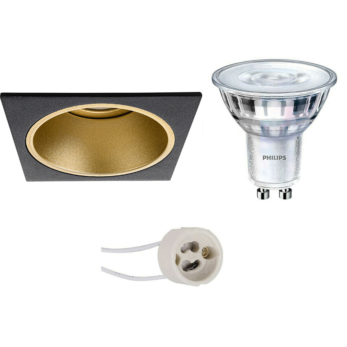 LED Spot Set - Pragmi Minko Pro - GU10 Fassung - Einbau Quadrat - Matt Schwarz/Gold - Vertieft - 90mm - Philips - SceneSwitch 827 36D - 1.5W-5W - Warmweiß 2200K-2700K - Dimmbar