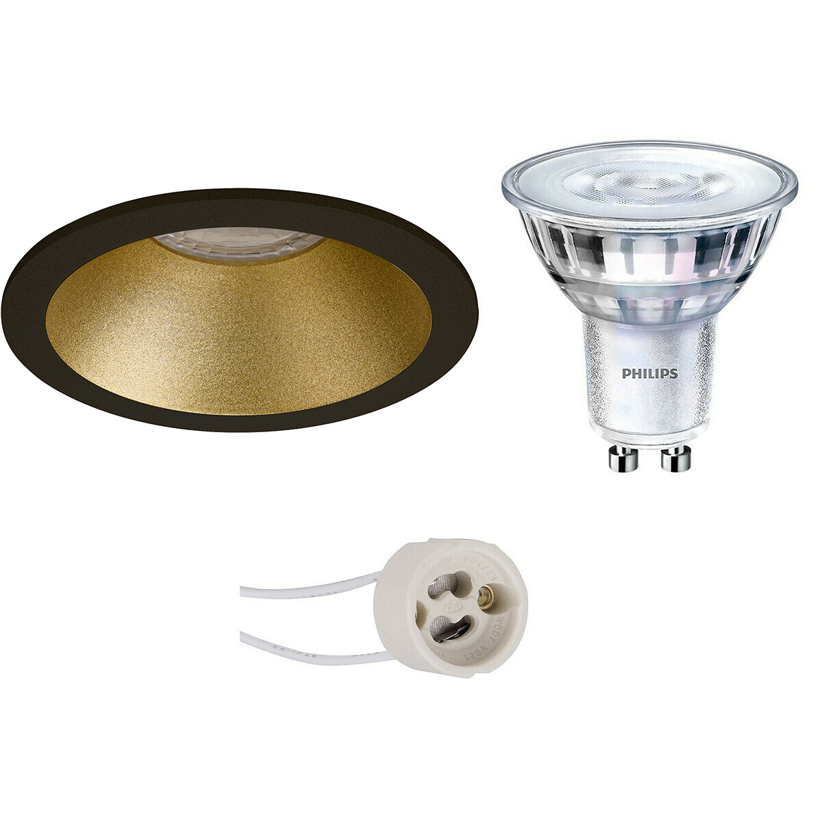 LED Spot Set - Pragmi Pollon Pro - GU10 Fassung - Einbau Rund - Matt Schwarz/Gold - Vertieft - Ø82mm - Philips - SceneSwitch 827 36D - 1.5W-5W - Warmweiß 2200K-2700K - Dimmbar