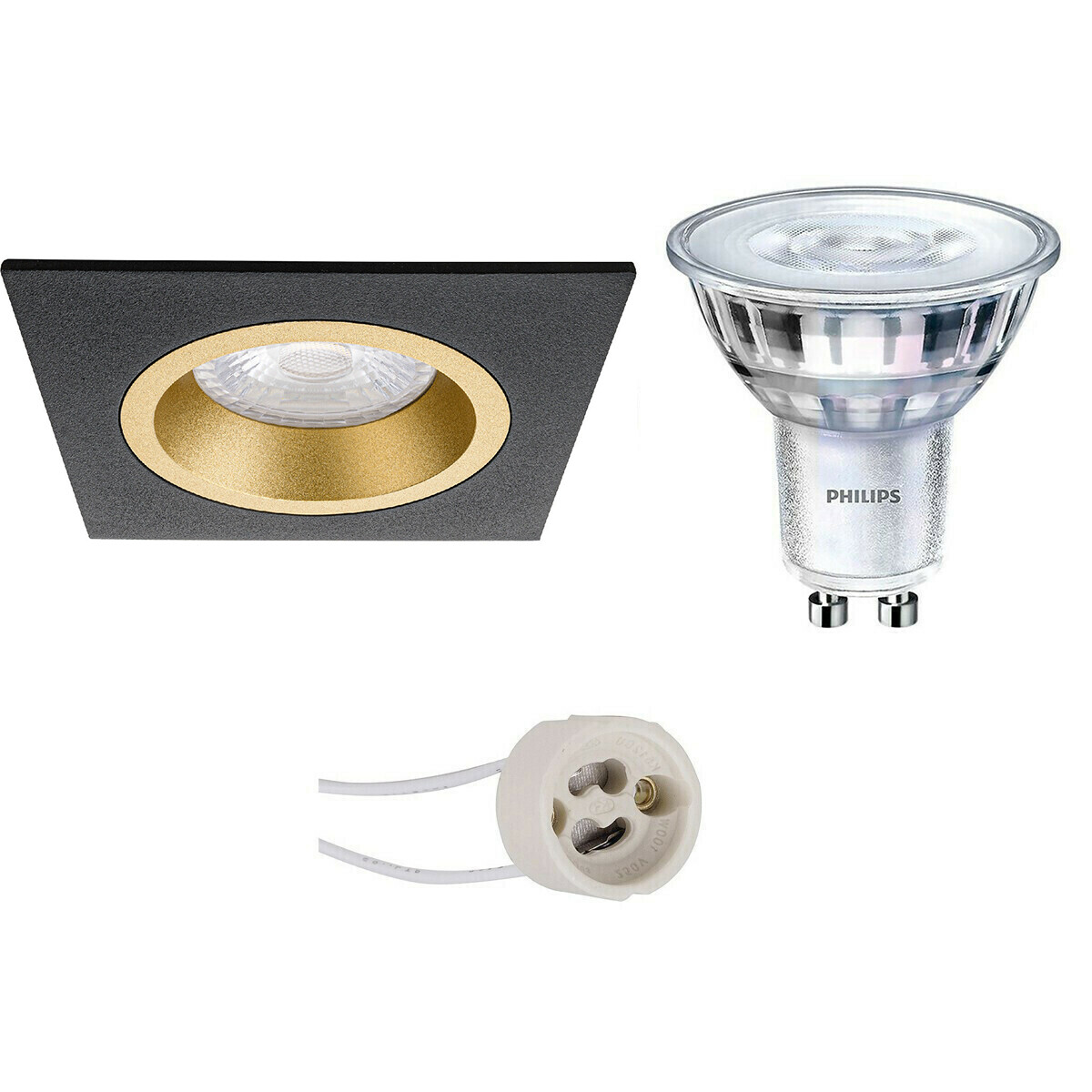 LED Spot Set - Pragmi Rodos Pro - GU10 Fassung - Einbau Quadrat - Matt Schwarz/Gold - 93mm - Philips - SceneSwitch 827 36D - 1.5W-5W - Warmweiß 2200K-2700K - Dimmbar