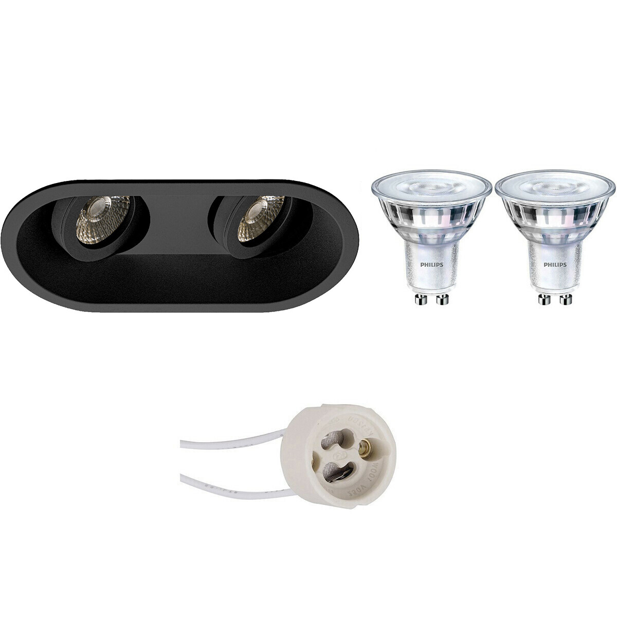 LED Spot Set - Pragmi Zano Pro - GU10 Fassung - Einbau Oval Doppelt - Matt Schwarz - Schwenkbar - 185x93mm - Philips - SceneSwitch 827 36D - 1.5W-5W - Warmweiß 2200K-2700K - Dimmbar