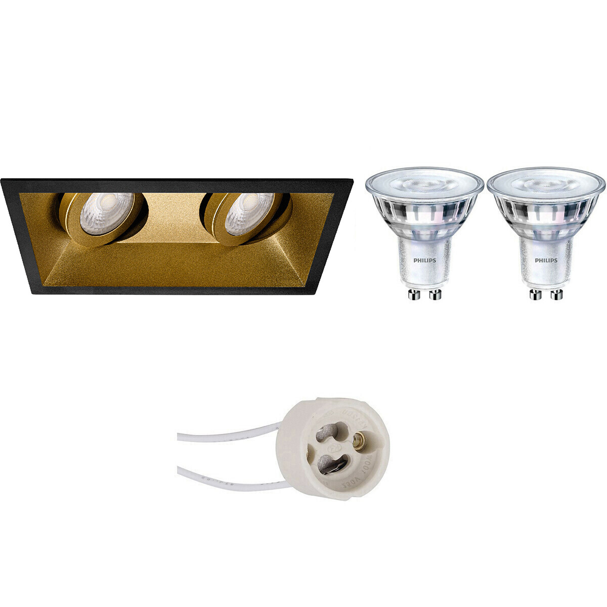 LED Spot Set - Pragmi Zano Pro - GU10 Fassung - Einbau Doppelt Rechteckig - Matt Schwarz/Gold - Schwenkbar - 185x93mm - Philips - SceneSwitch 827 36D - 1.5W-5W - Warmweiß 2200K-2700K - Dimmbar