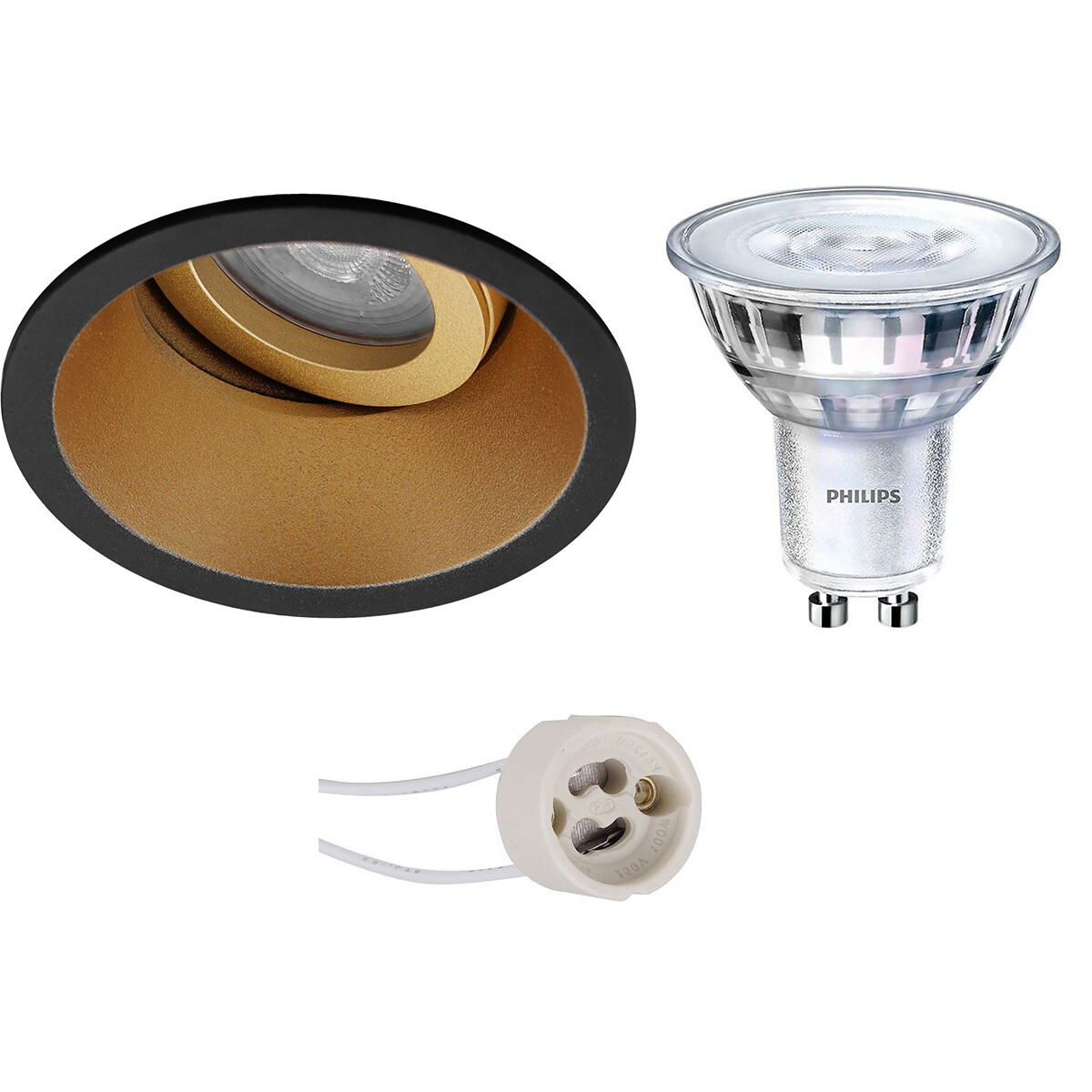 PHILIPS - LED Spot Set - SceneSwitch 827 36D - Pragmi Zano Pro - GU10 Sockel - Dimmbar - Einbau Rund - Mattschwarz/Gold - 1.5W-5W - Warmweiß 2200K-2700K - Kippbar - Ø93mm