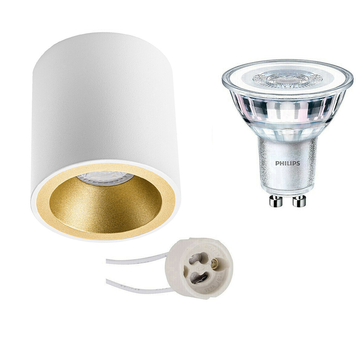 Aufbauspot Set - Pragmi Cliron Pro - GU10 Fassung - Aufbau Rund - Matt Weiß/Gold - Vertieft - Ø90mm - Philips - CorePro 840 36D - 4.6W - Neutralweiß 4000K