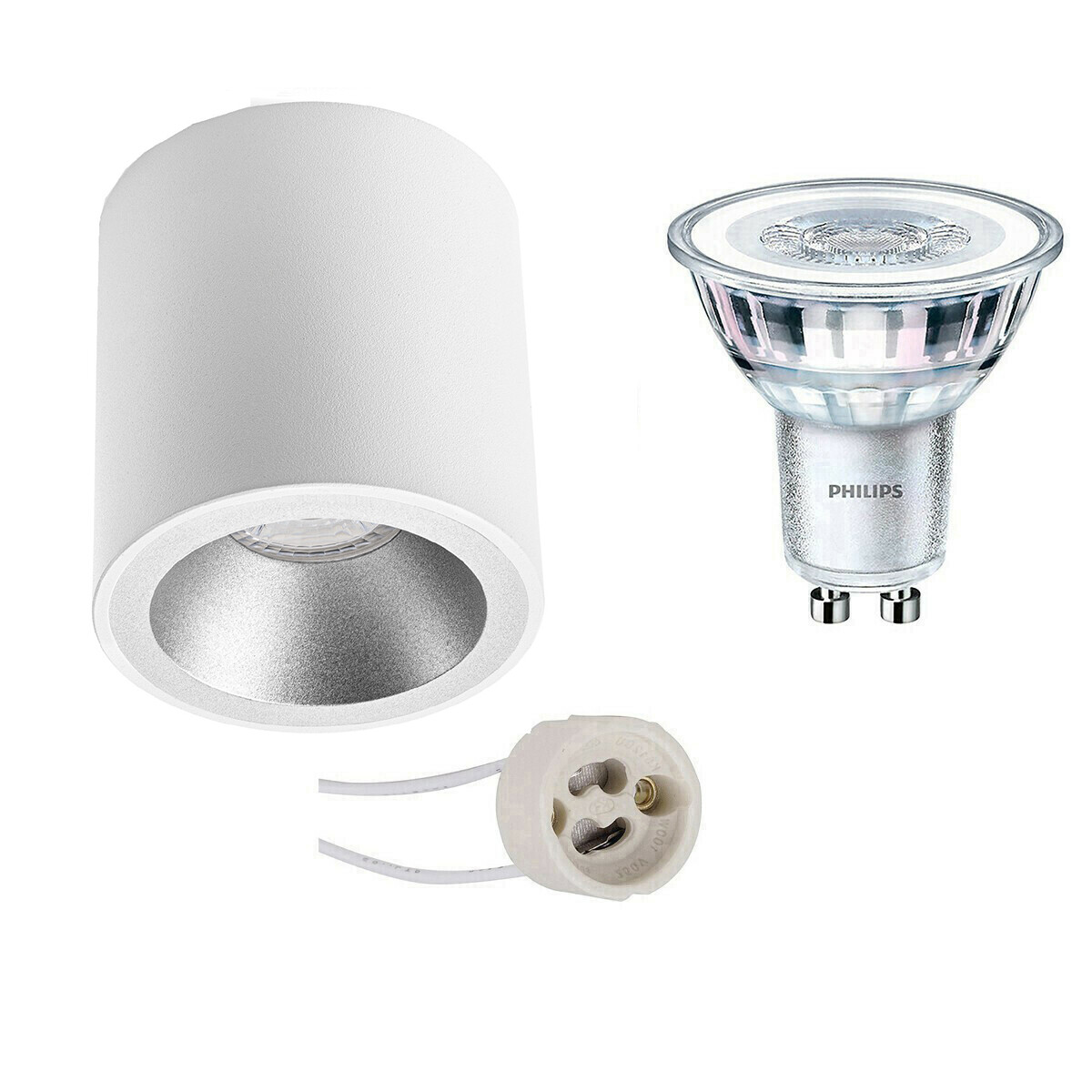 Aufbauspot Set - Pragmi Cliron Pro - GU10 Fassung - Aufbau Rund - Matt Weiß/Silber - Vertieft - Ø90mm - Philips - CorePro 827 36D - 3.5W - Warmweiß 2700K