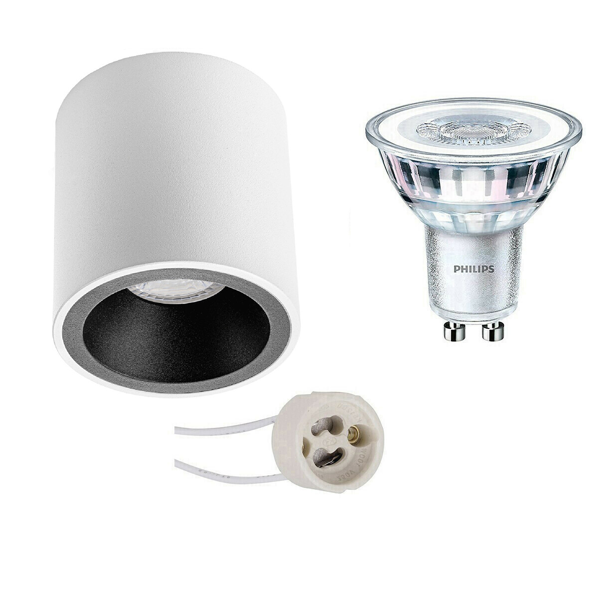 Aufbauspot Set - Pragmi Cliron Pro - GU10 Fassung - Aufbau Rund - Matt Weiß/Schwarz - Vertieft - Ø90mm - Philips - CorePro 830 36D - 5W - Warmweiß 3000K - Dimmbar