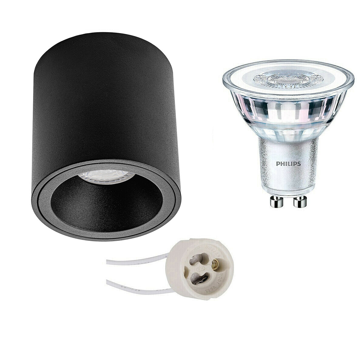 Aufbauspot Set - Pragmi Cliron Pro - GU10 Fassung - Aufbau Rund - Matt Schwarz - Vertieft - Ø90mm - Philips - CorePro 830 36D - 3.5W - Warmweiß 3000K