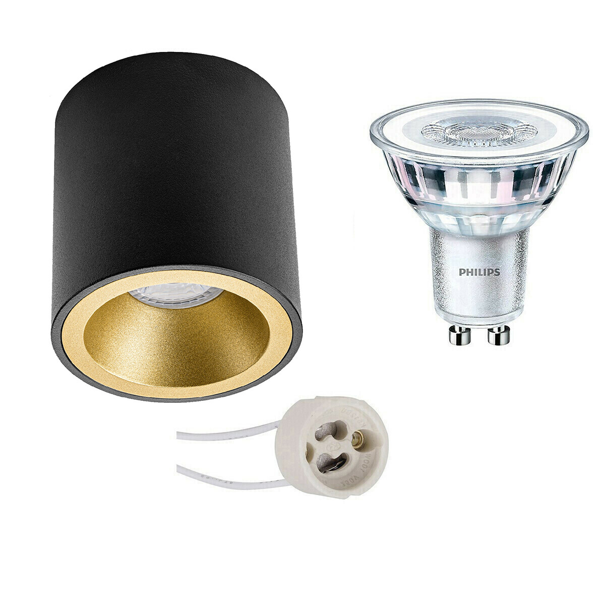 Aufbauspot Set - Pragmi Cliron Pro - GU10 Fassung - Aufbau Rund - Mattschwarz/Gold - Vertieft - Ø90mm - Philips - CorePro 827 36D - 4.6W - Warmweiß 2700K