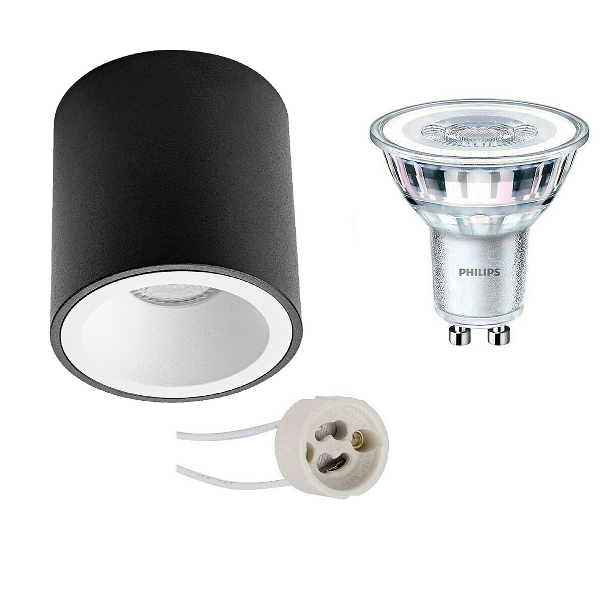 Aufbauspot Set - Pragmi Cliron Pro - GU10 Fassung - Aufbau Rund - Matt Schwarz/Weiß - Vertieft - Ø90mm - Philips - CorePro 827 36D - 4.6W - Warmweiß 2700K