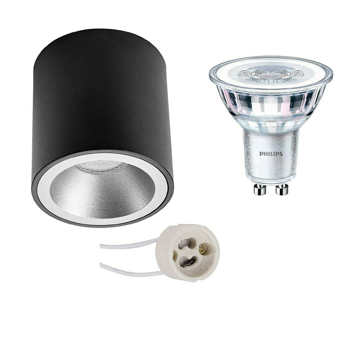 Aufbauspot Set - Pragmi Cliron Pro - GU10 Fassung - Aufbau Rund - Matt Schwarz/Silber - Vertieft - Ø90mm - Philips - CorePro 827 36D - 3.5W - Warmweiß 2700K