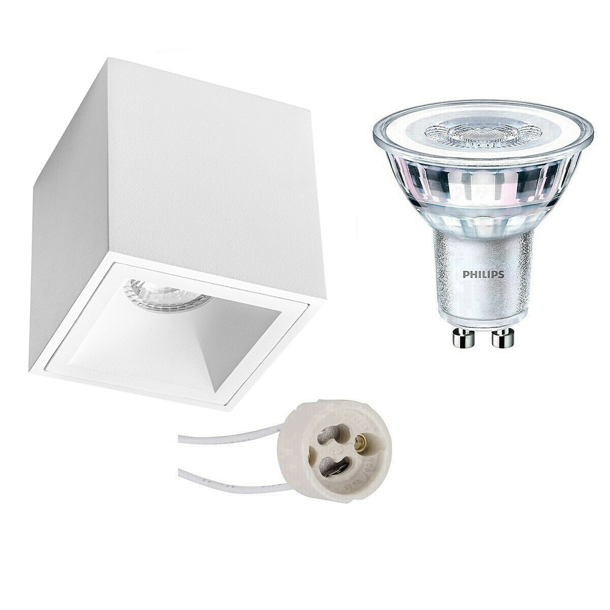 Aufbauspot Set - Pragmi Cliron Pro - GU10 Fassung - Aufbau Quadrat - Matt Weiß - Vertieft - 90mm - Philips - CorePro 827 36D - 3.5W - Warmweiß 2700K