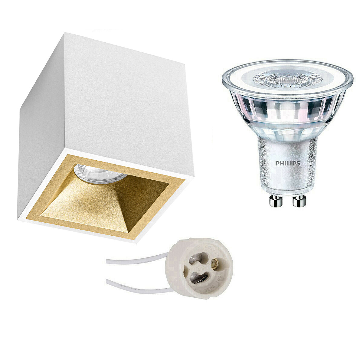 Aufbauspot Set - Pragmi Cliron Pro - GU10 Fassung - Aufbau Quadrat - Matt Weiß/Gold - Vertieft - 90mm - Philips - CorePro 827 36D - 3.5W - Warmweiß 2700K