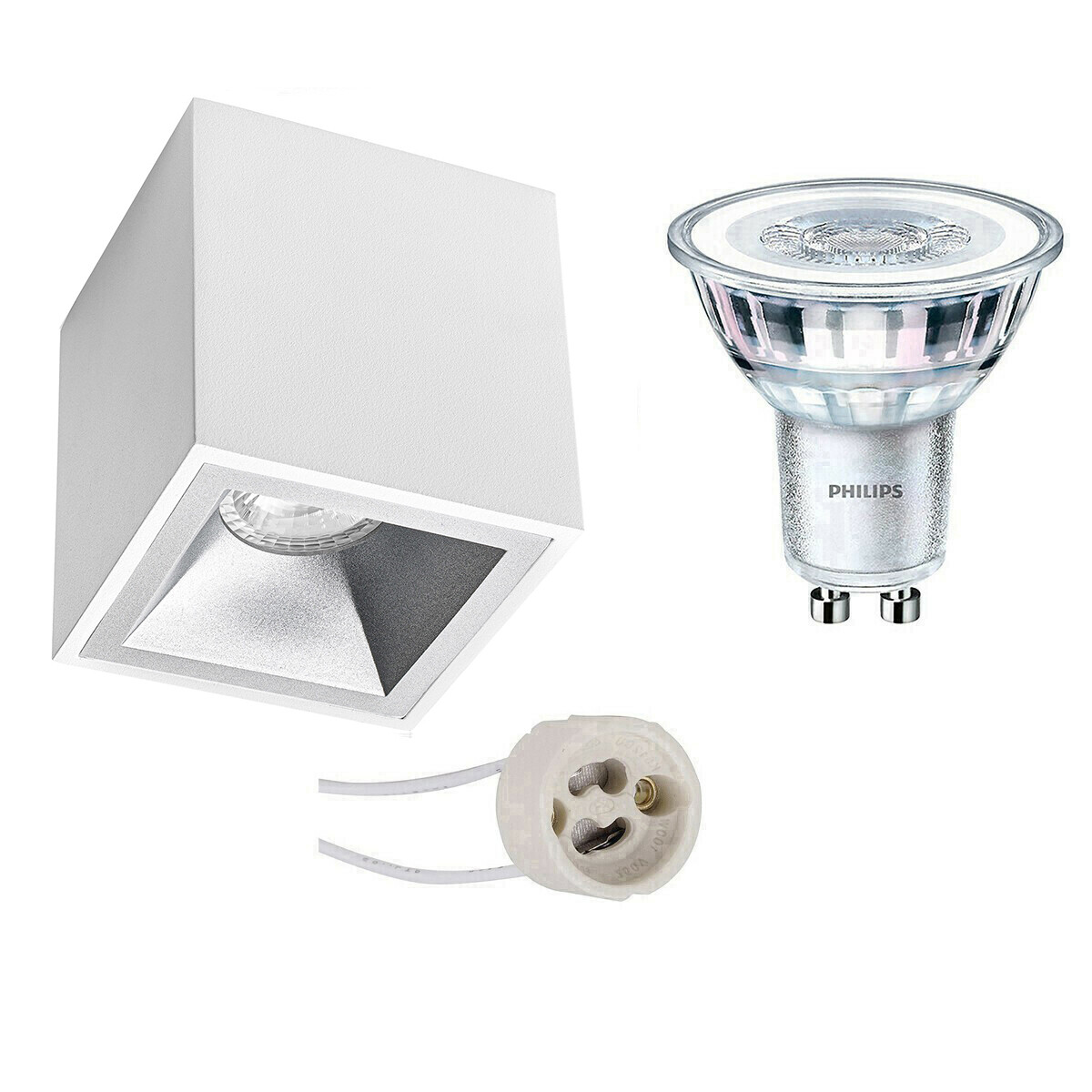 Aufbauspot Set - Pragmi Cliron Pro - GU10 Fassung - Aufbau Quadrat - Matt Weiß/Silber - Vertieft - 90mm - Philips - CorePro 830 36D - 3.5W - Warmweiß 3000K