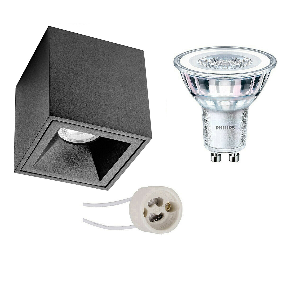 Aufbauspot Set - Pragmi Cliron Pro - GU10 Fassung - Aufbau Quadrat - Mattschwarz - Vertieft - 90mm - Philips - CorePro 830 36D - 3.5W - Warmweiß 3000K