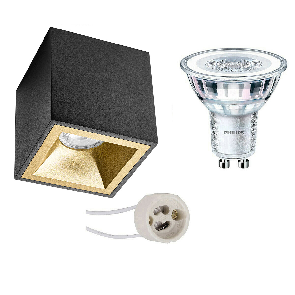 Aufbauspot Set - Pragmi Cliron Pro - GU10 Fassung - Aufbau Quadrat - Matt Schwarz/Gold - Vertieft - 90mm - Philips - CorePro 830 36D - 3.5W - Warmweiß 3000K