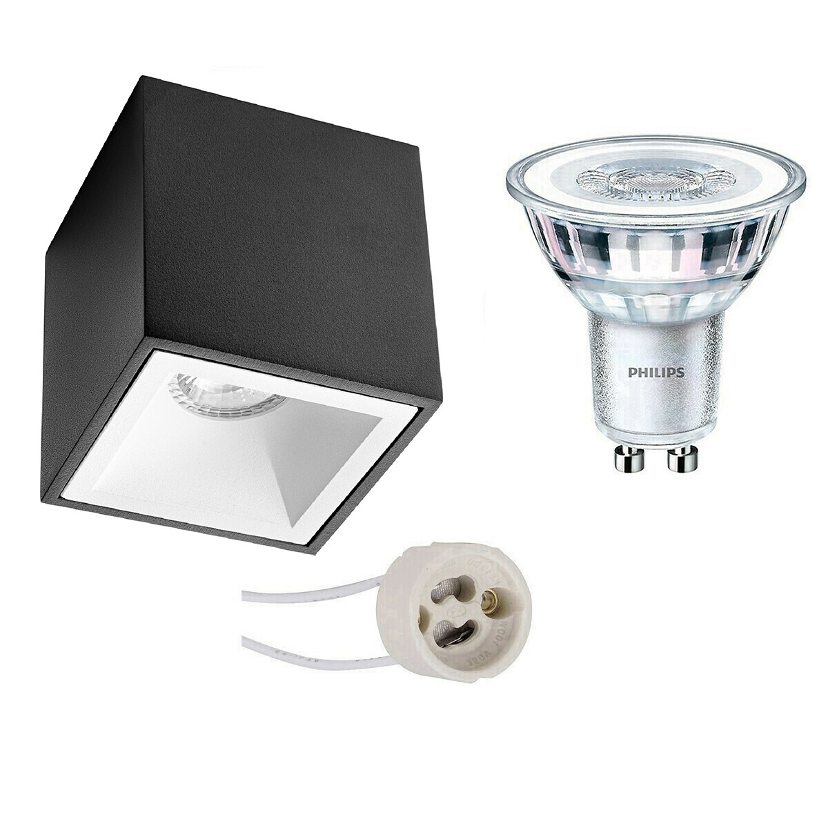 Aufbauspot Set - Pragmi Cliron Pro - GU10 Fassung - Aufbau Quadrat - Matt Schwarz/Weiß - Vertieft - 90mm - Philips - CorePro 827 36D - 3.5W - Warmweiß 2700K