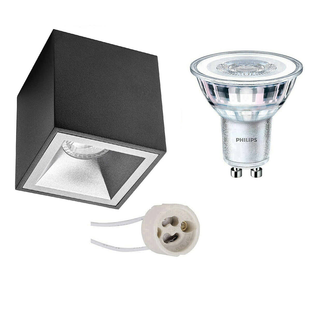 Aufbauspot Set - Pragmi Cliron Pro - GU10 Fassung - Aufbau Quadrat - Matt Schwarz/Silber - Vertieft - 90mm - Philips - CorePro 830 36D - 3.5W - Warmweiß 3000K