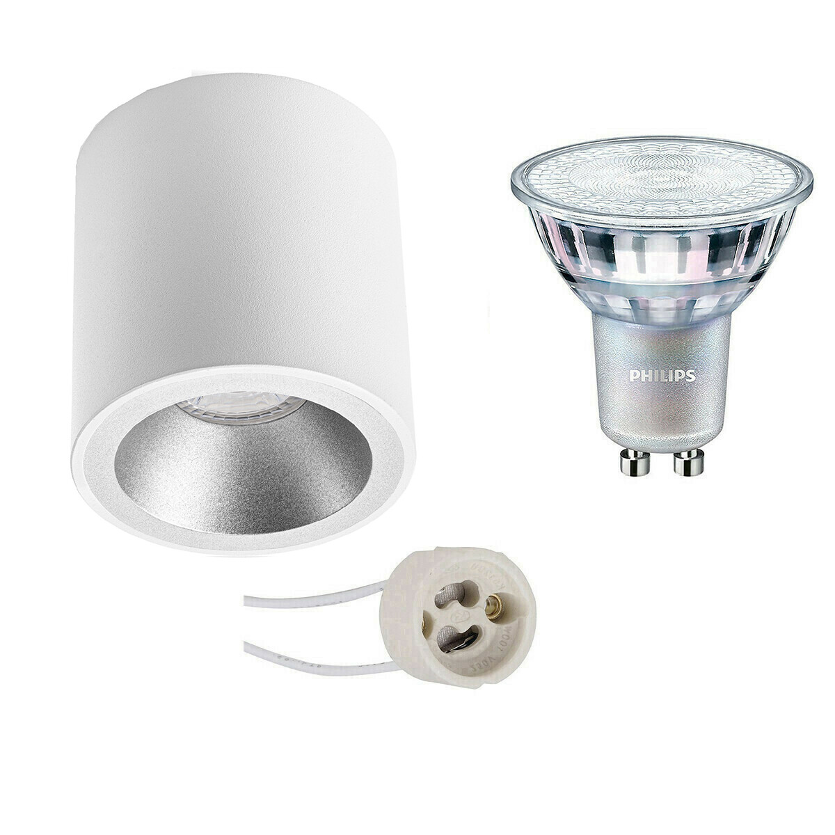 Aufbauspot Set - Pragmi Cliron Pro - GU10 Fassung - Aufbau Rund - Matt Weiß/Silber - Vertieft - Ø90mm - Philips - MASTER 927 36D VLE - 4.9W - Warmweiß 2200K-2700K - DimTone Dimmbar