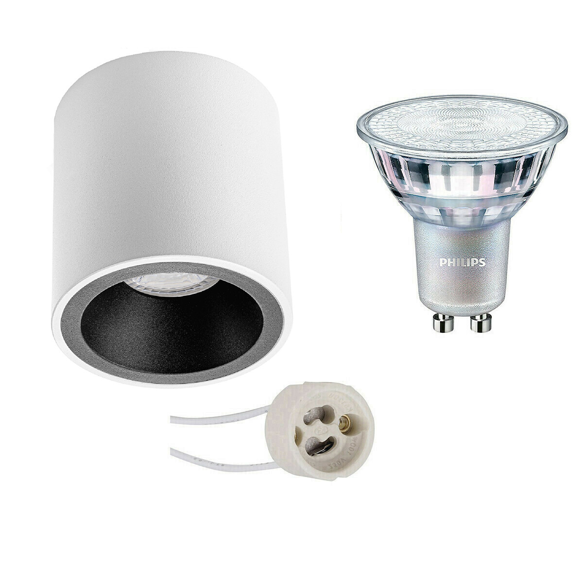 Aufbauspot Set - Pragmi Cliron Pro - GU10 Fassung - Aufbau Rund - Matt Weiß/Schwarz - Vertieft - Ø90mm - Philips - MASTER 927 36D VLE - 3.7W - Warmweiß 2200K-2700K - DimTone Dimmbar