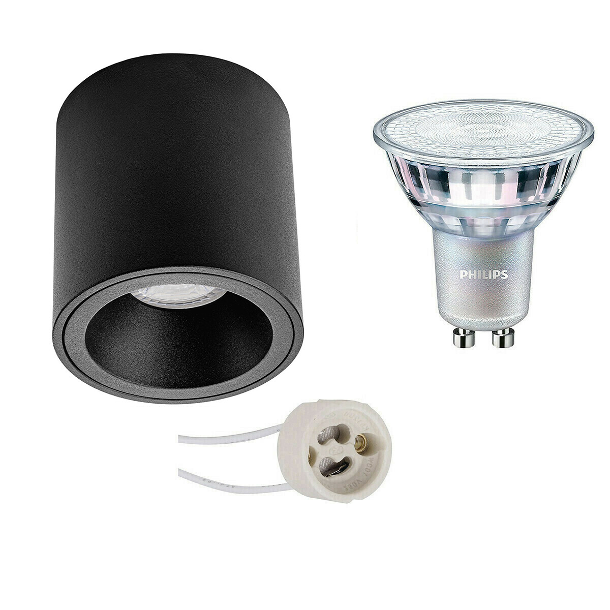 Aufbauspot Set - Pragmi Cliron Pro - GU10 Fassung - Aufbau Rund - Mattschwarz - Vertieft - Ø90mm - Philips - MASTER 927 36D VLE - 3.7W - Warmweiß 2200K-2700K - DimTone Dimmbar