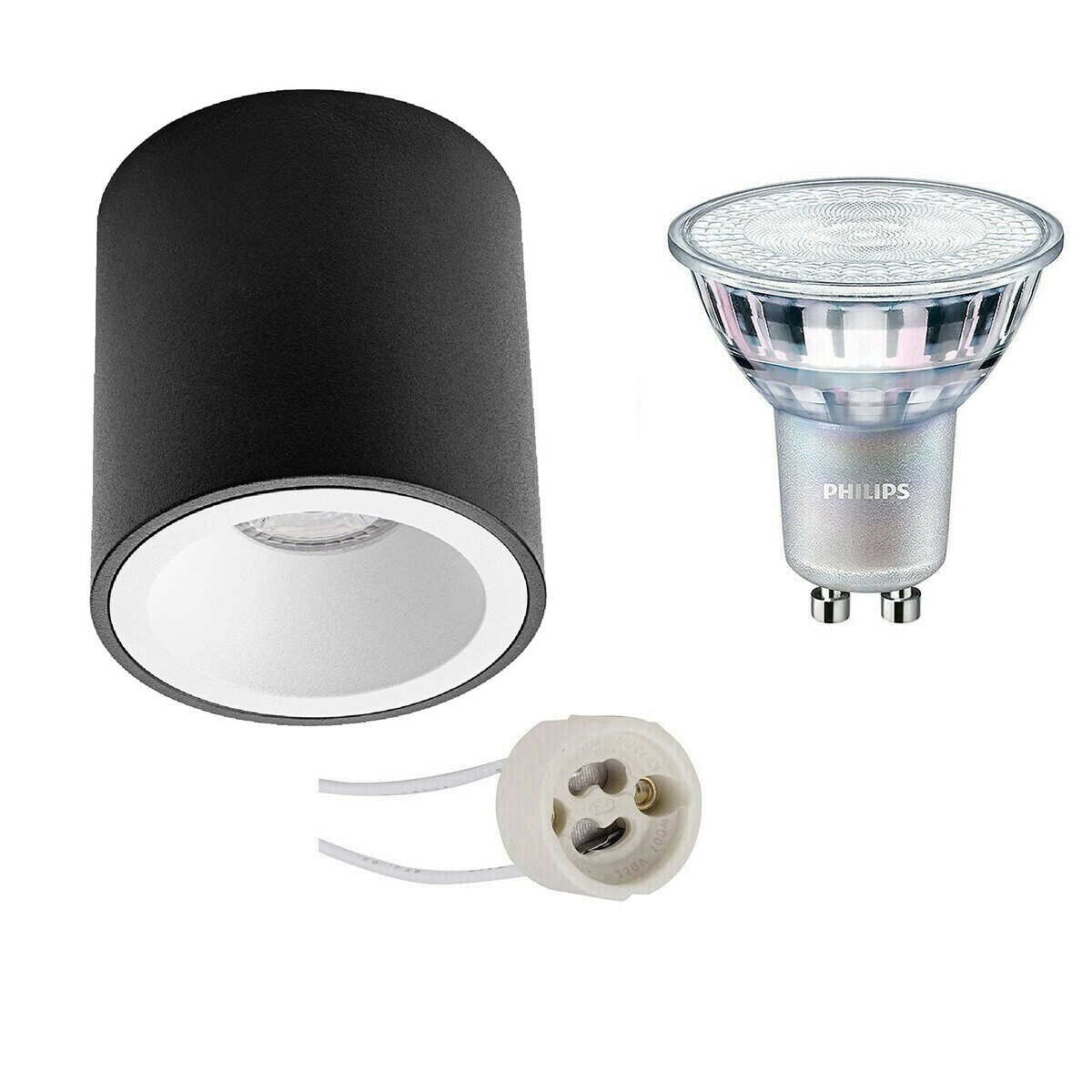 Aufbauspot Set - Pragmi Cliron Pro - GU10 Fassung - Aufbau Rund - Matt Schwarz/Weiß - Vertieft - Ø90mm - Philips - MASTER 927 36D VLE - 4.9W - Warmweiß 2200K-2700K - DimTone Dimmbar