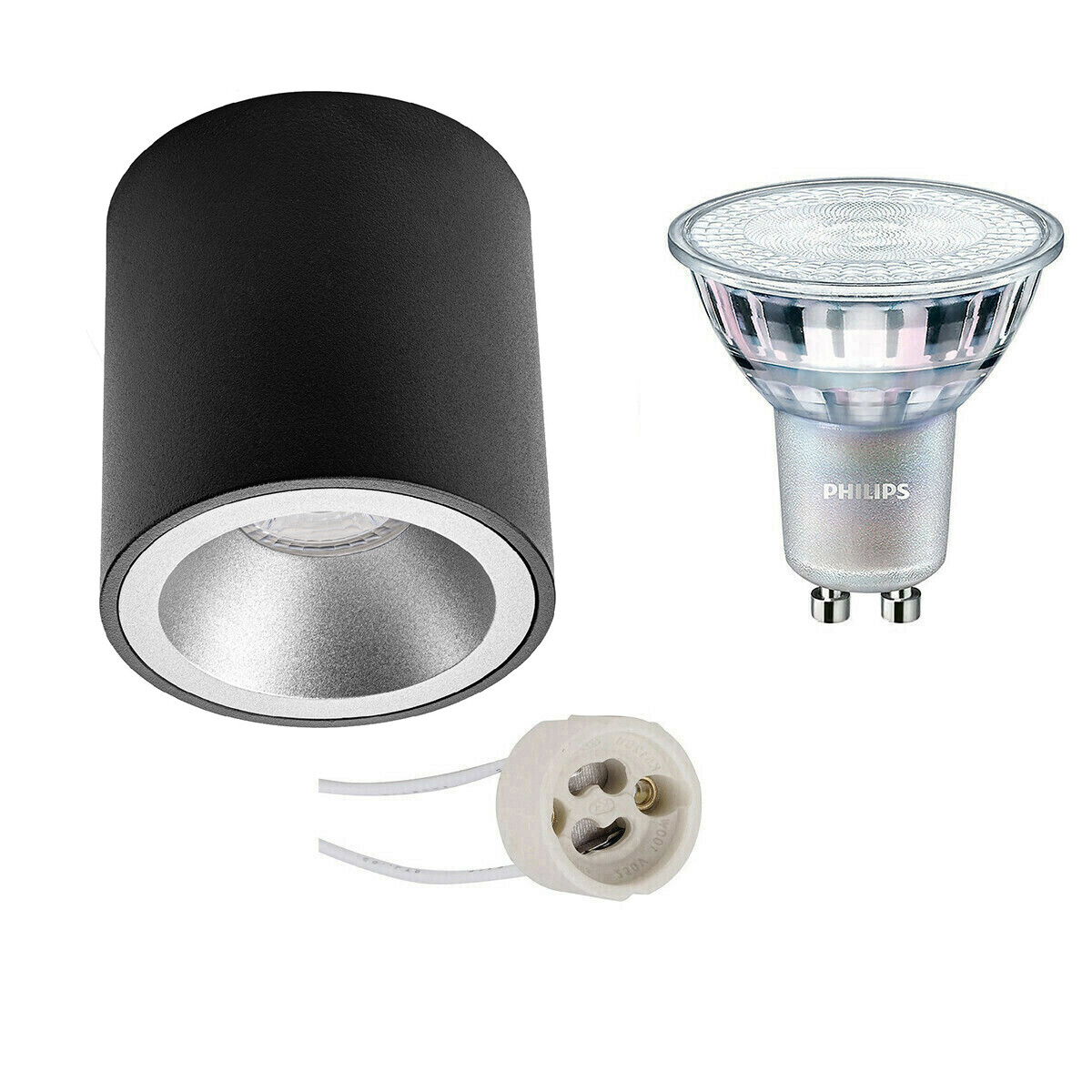 Aufbauspot Set - Pragmi Cliron Pro - GU10 Fassung - Aufbau Rund - Matt Schwarz/Silber - Vertieft - Ø90mm - Philips - MASTER 927 36D VLE - 3.7W - Warmweiß 2200K-2700K - DimTone Dimmbar