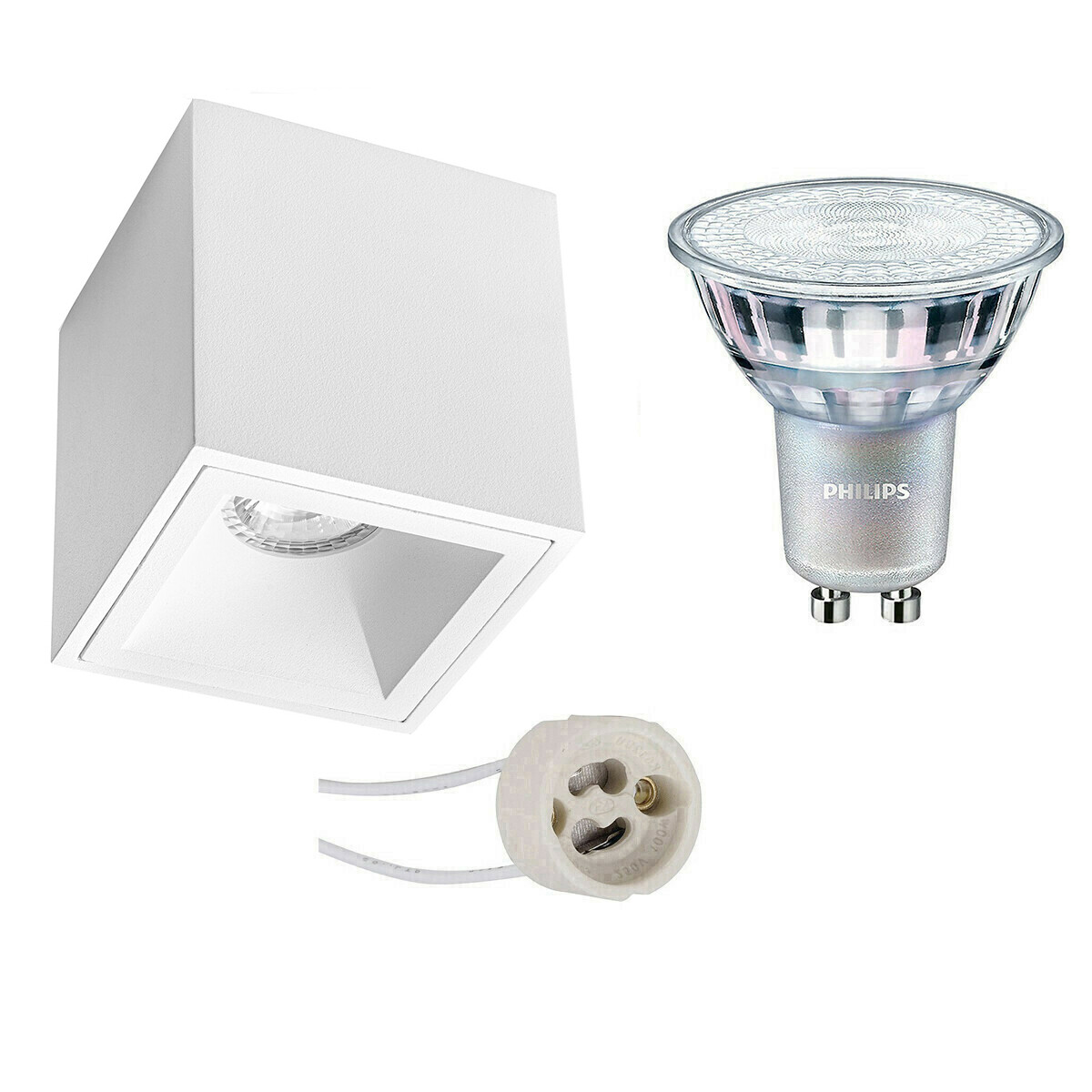 Aufbauspot Set - Pragmi Cliron Pro - GU10 Fassung - Aufbau Quadrat - Matt Weiß - Vertieft - 90mm - Philips - MASTER 927 36D VLE - 3.7W - Warmweiß 2200K-2700K - DimTone Dimmbar