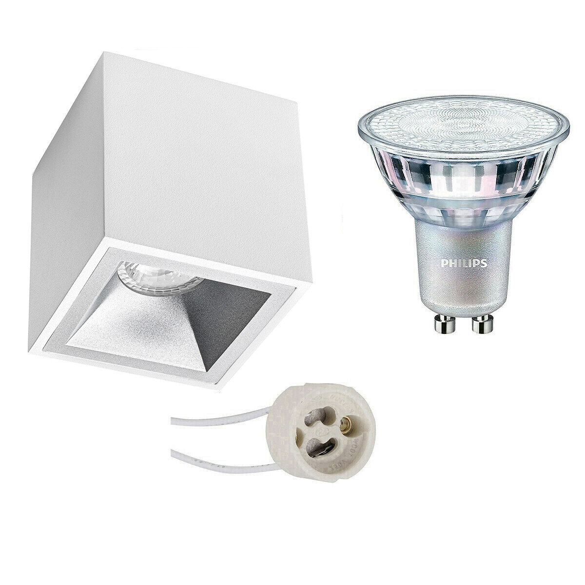 Aufbauspot Set - Pragmi Cliron Pro - GU10 Fassung - Aufbau Quadrat - Matt Weiß/Silber - Vertieft - 90mm - Philips - MASTER 927 36D VLE - 4.9W - Warmweiß 2200K-2700K - DimTone Dimmbar