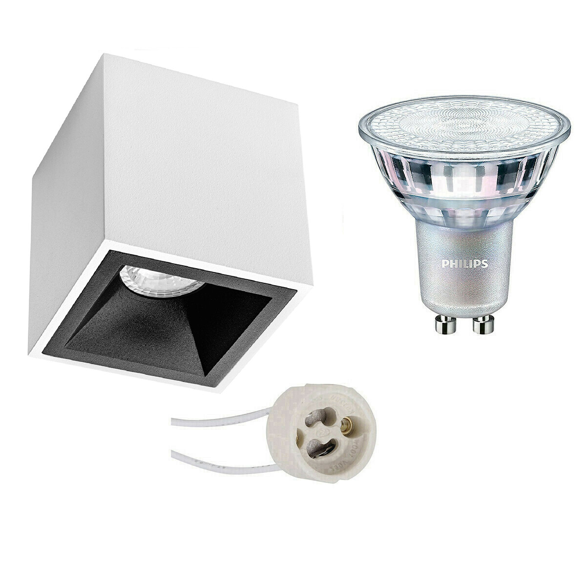 Aufbauspot Set - Pragmi Cliron Pro - GU10 Fassung - Aufbau Quadrat - Matt Weiß/Schwarz - Vertieft - 90mm - Philips - MASTER 927 36D VLE - 3.7W - Warmweiß 2200K-2700K - DimTone Dimmbar