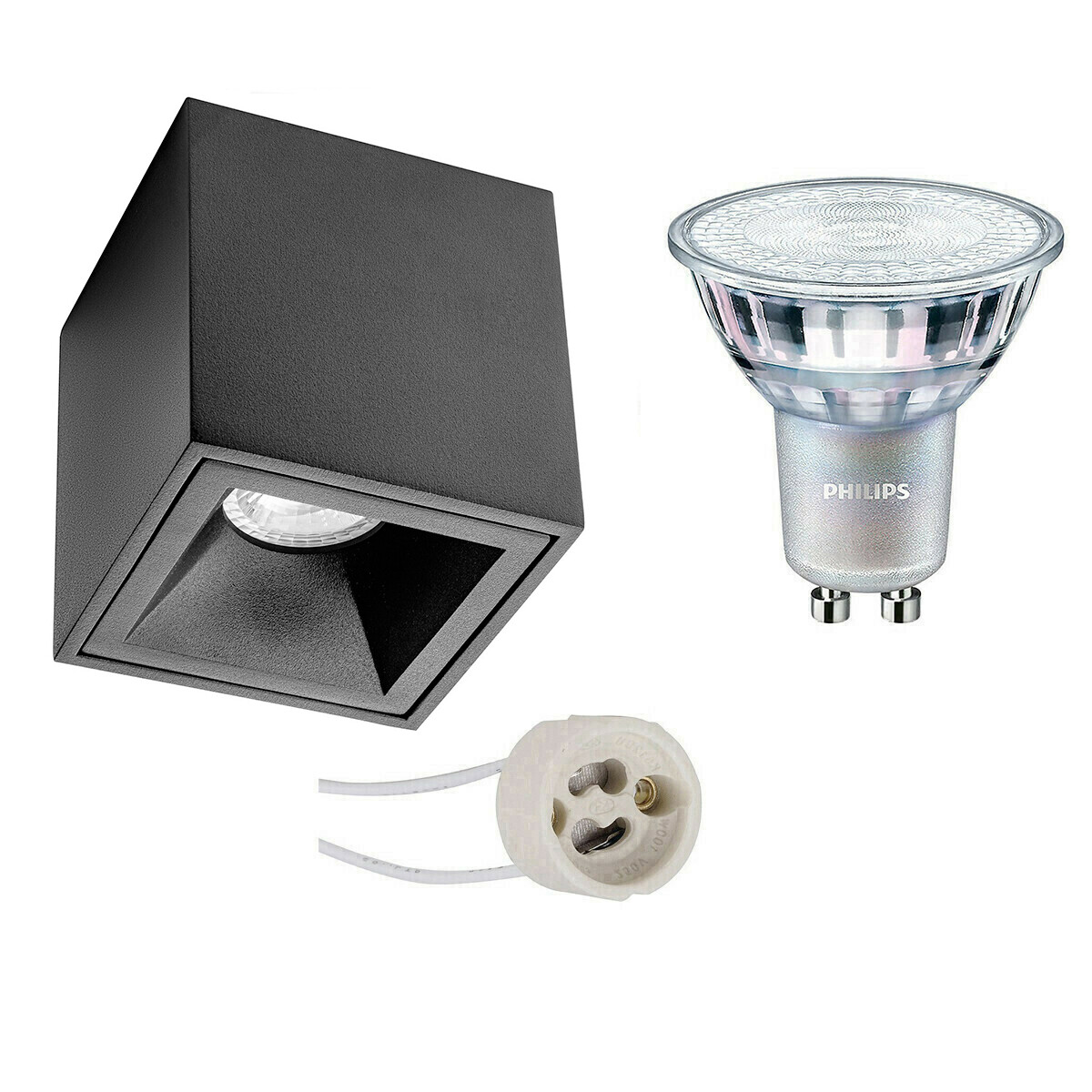 Aufbauspot Set - Pragmi Cliron Pro - GU10 Fassung - Aufbau Quadrat - Mattschwarz - Vertieft - 90mm - Philips - MASTER 927 36D VLE - 3.7W - Warmweiß 2200K-2700K - DimTone Dimmbar