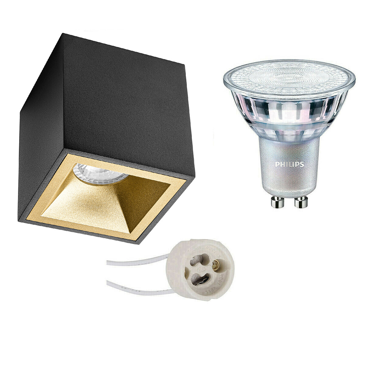 Aufbauspot Set - Pragmi Cliron Pro - GU10 Fassung - Aufbau Quadrat - Matt Schwarz/Gold - Vertieft - 90mm - Philips - MASTER 927 36D VLE - 3.7W - Warmweiß 2200K-2700K - DimTone Dimmbar