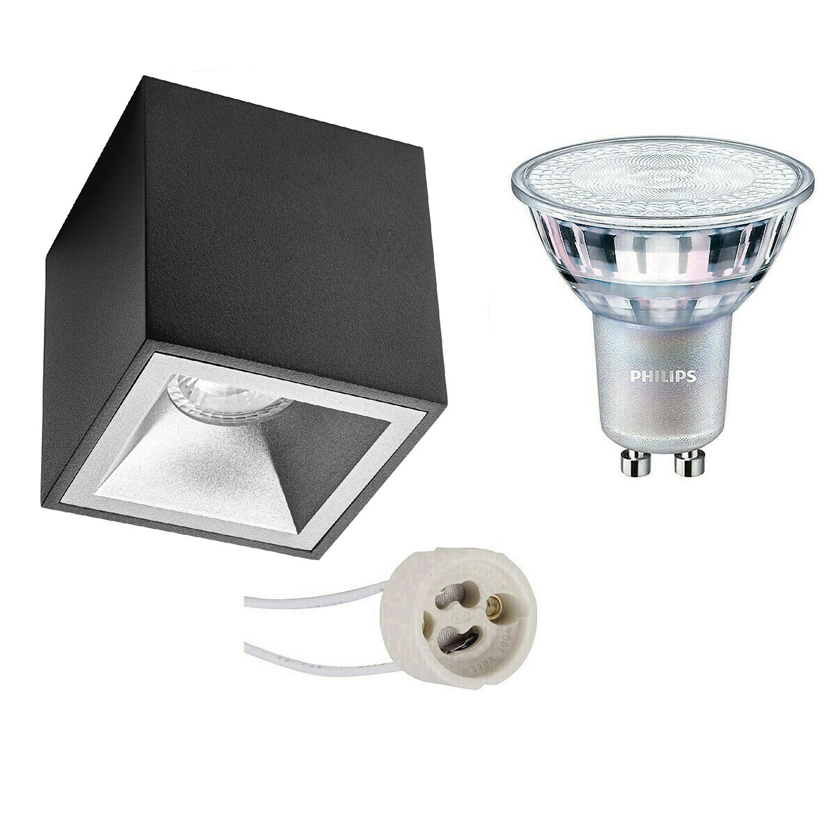 Aufbauspot Set - Pragmi Cliron Pro - GU10 Fassung - Aufbau Quadrat - Matt Schwarz/Silber - Vertieft - 90mm - Philips - MASTER 927 36D VLE - 3.7W - Warmweiß 2200K-2700K - DimTone Dimmbar