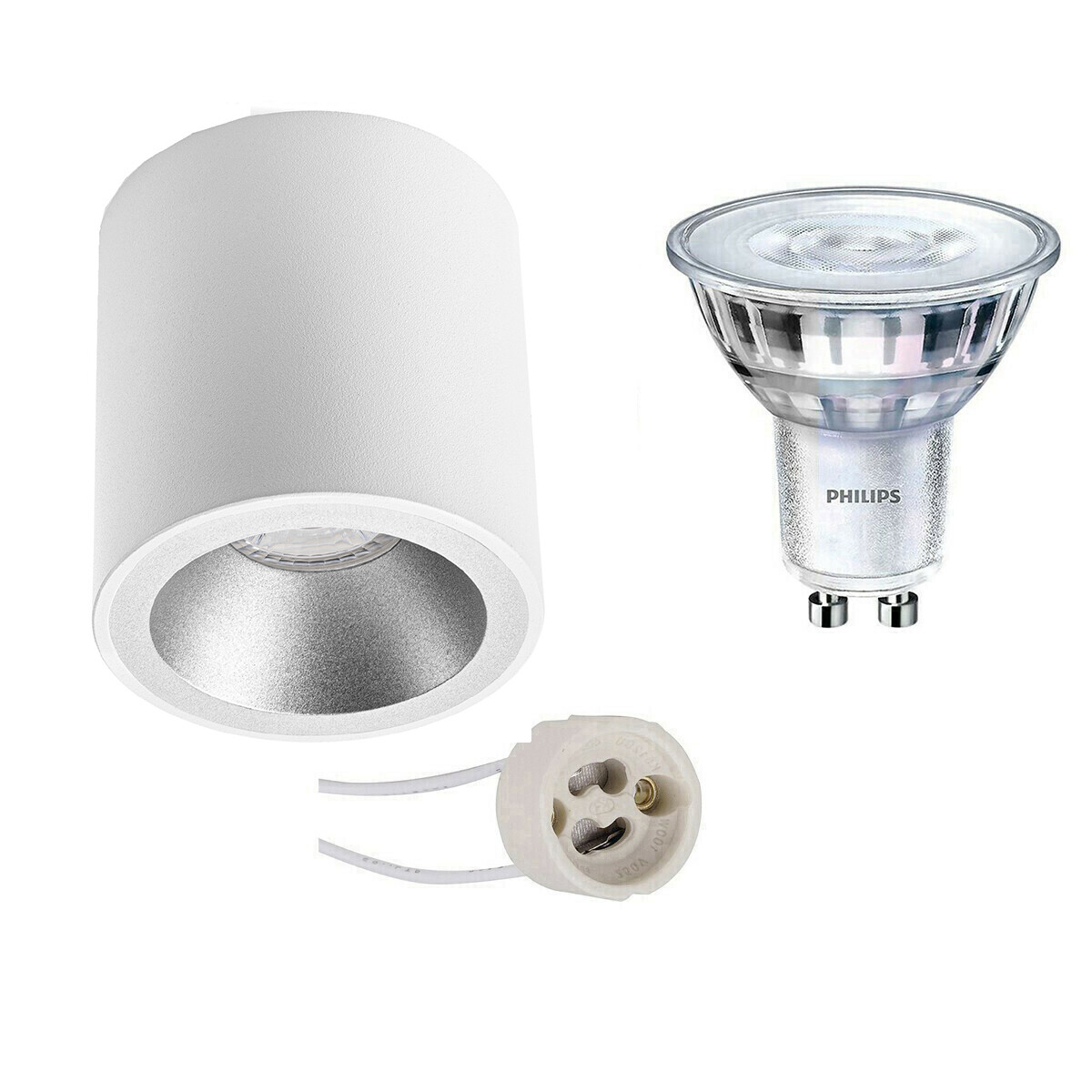 Aufbauspot Set - Pragmi Cliron Pro - GU10 Fassung - Aufbau Rund - Matt Weiß/Silber - Vertieft - Ø90mm - Philips - SceneSwitch 827 36D - 1.5W-5W - Warmweiß 2200K-2700K - Dimmbar