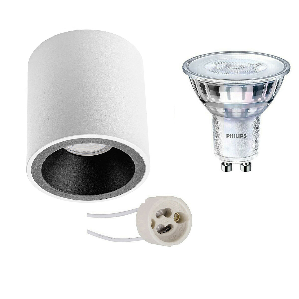 Aufbauspot Set - Pragmi Cliron Pro - GU10 Fassung - Aufbau Rund - Matt Weiß/Schwarz - Vertieft - Ø90mm - Philips - SceneSwitch 827 36D - 1.5W-5W - Warmweiß 2200K-2700K - Dimmbar