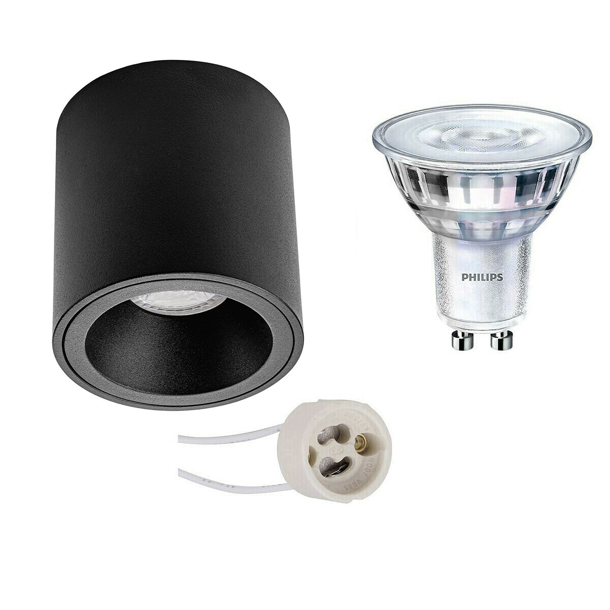 Aufbauspot Set - Pragmi Cliron Pro - GU10 Fassung - Aufbau Rund - Mattschwarz - Vertieft - Ø90mm - Philips - SceneSwitch 827 36D - 1.5W-5W - Warmweiß 2200K-2700K - Dimmbar