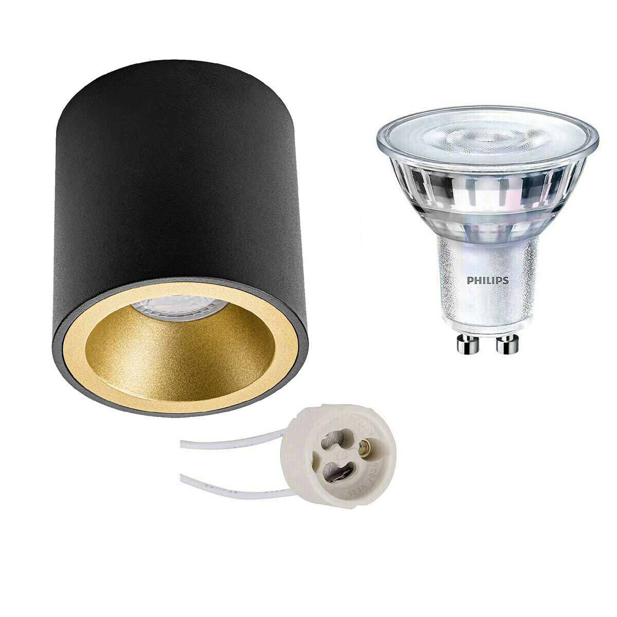 Aufbauspot Set - Pragmi Cliron Pro - GU10 Fassung - Aufbau Rund - Matt Schwarz/Gold - Vertieft - Ø90mm - Philips - SceneSwitch 827 36D - 1.5W-5W - Warmweiß 2200K-2700K - Dimmbar