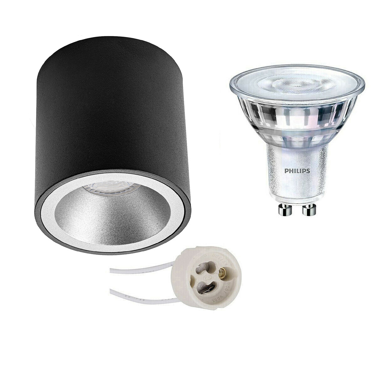 Aufbauspot Set - Pragmi Cliron Pro - GU10 Fassung - Aufbau Rund - Matt Schwarz/Silber - Vertieft - Ø90mm - Philips - SceneSwitch 827 36D - 1.5W-5W - Warmweiß 2200K-2700K - Dimmbar