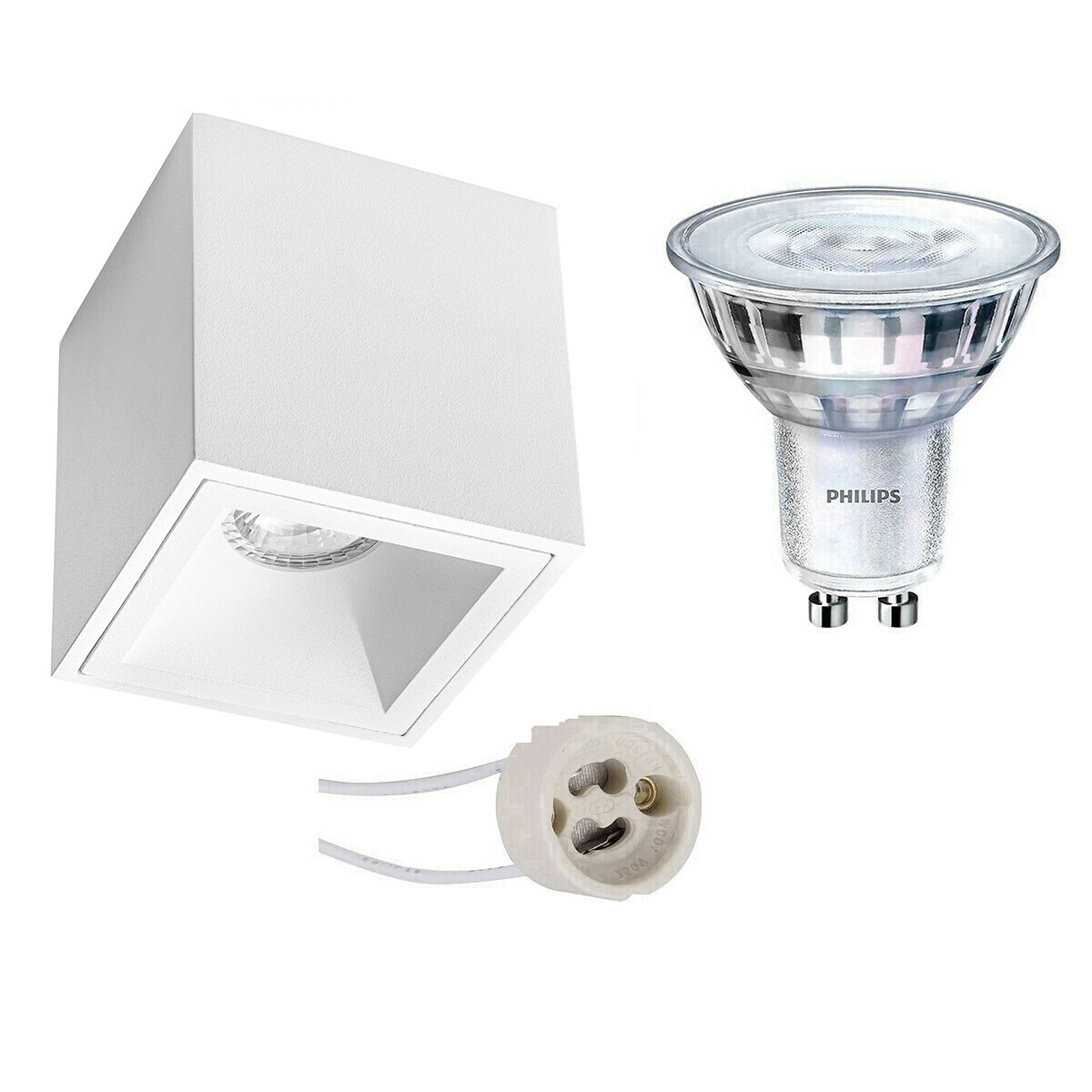 Aufbauspot Set - Pragmi Cliron Pro - GU10 Fassung - Aufbau Quadrat - Matt Weiß - Vertieft - 90mm - Philips - SceneSwitch 827 36D - 1.5W-5W - Warmweiß 2200K-2700K - Dimmbar