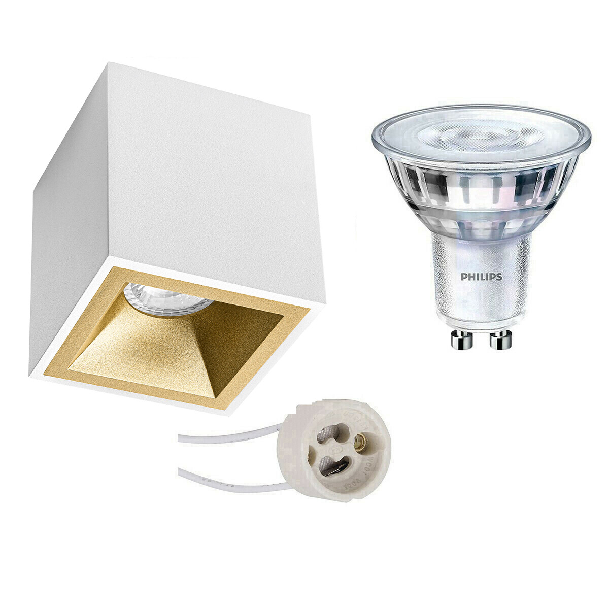 Aufbauspot Set - Pragmi Cliron Pro - GU10 Fassung - Aufbau Quadrat - Matt Weiß/Gold - Vertieft - 90mm - Philips - SceneSwitch 827 36D - 1.5W-5W - Warmweiß 2200K-2700K - Dimmbar