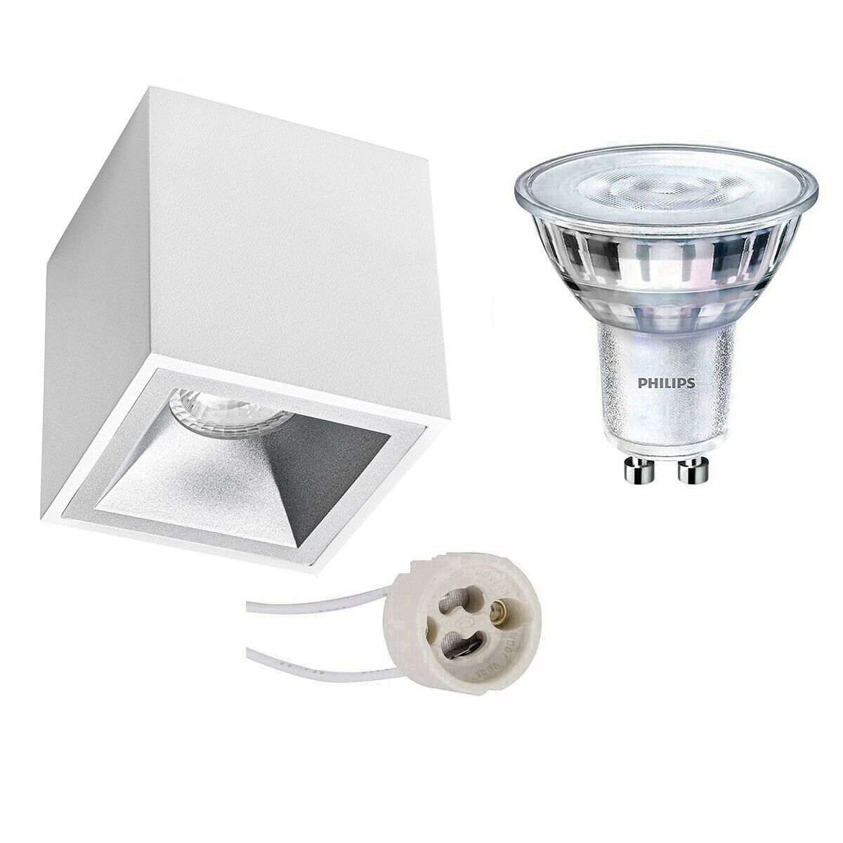 Aufbauspot Set - Pragmi Cliron Pro - GU10 Fassung - Aufbau Quadrat - Matt Weiß/Silber - Vertieft - 90mm - Philips - SceneSwitch 827 36D - 1.5W-5W - Warmweiß 2200K-2700K - Dimmbar