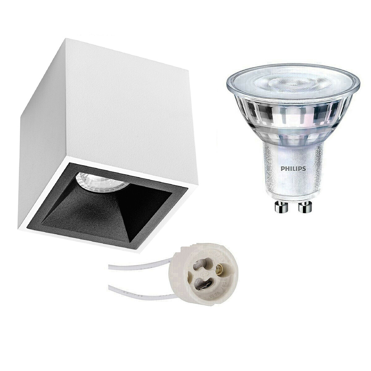 Aufbauspot Set - Pragmi Cliron Pro - GU10 Fassung - Aufbau Quadrat - Matt Weiß/Schwarz - Vertieft - 90mm - Philips - SceneSwitch 827 36D - 1.5W-5W - Warmweiß 2200K-2700K - Dimmbar