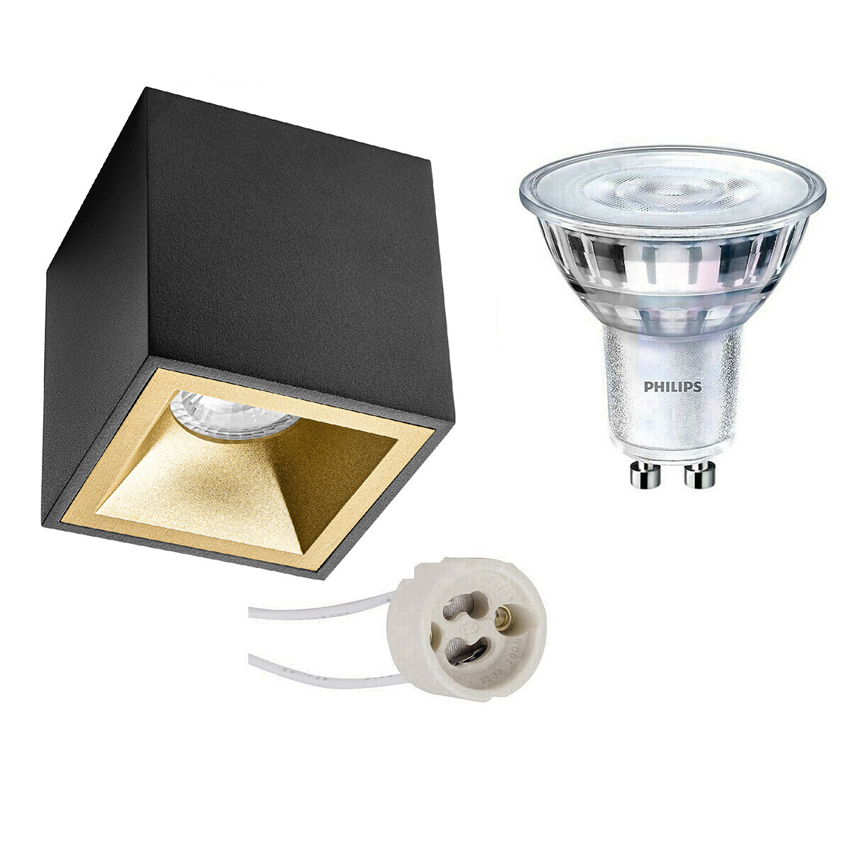 Aufbauspot Set - Pragmi Cliron Pro - GU10 Fassung - Aufbau Quadrat - Matt Schwarz/Gold - Vertieft - 90mm - Philips - SceneSwitch 827 36D - 1.5W-5W - Warmweiß 2200K-2700K - Dimmbar