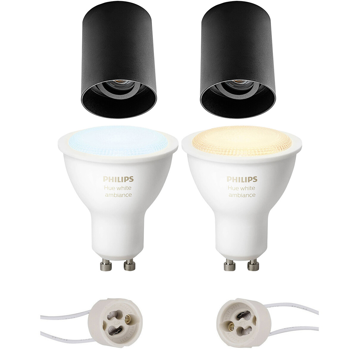 Aufbauspot Set GU10 - Pragmi Luxina Pro - Aufbau Rund - Matt Schwarz - Vertieft - Schwenkbar - Ø90mm - Philips Hue - White Ambiance - Bluetooth