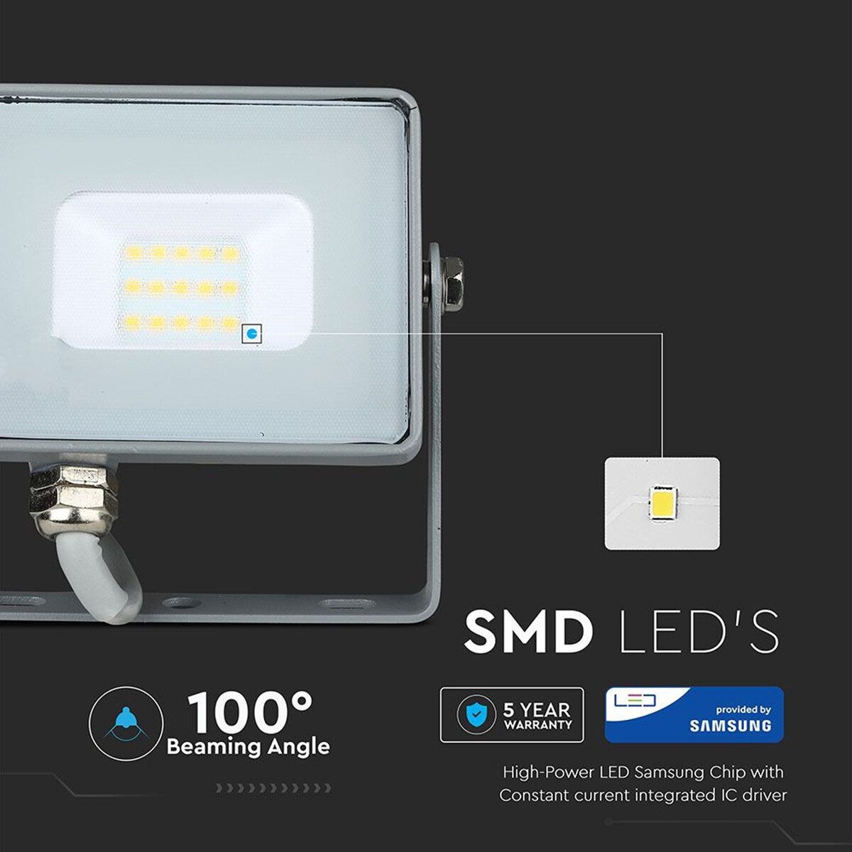 SAMSUNG - LED Baustrahler 10 Watt - LED Fluter - Viron Dana - Universalweiß 4000K - Matt Grau - Aluminium