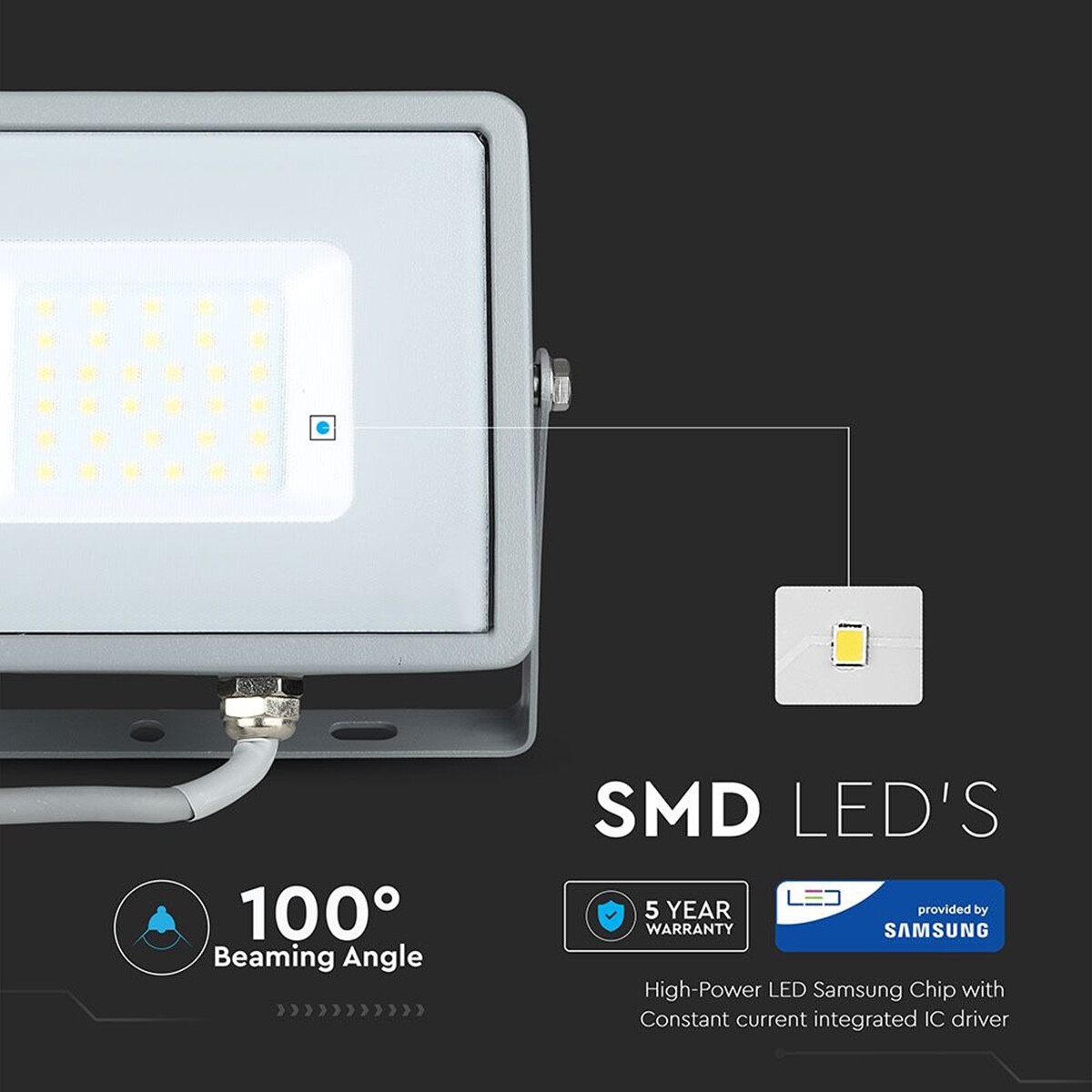 SAMSUNG - LED Baustrahler 30 Watt - LED Fluter - Viron Dana - Universalweiß 4000K - Matt Grau - Aluminium